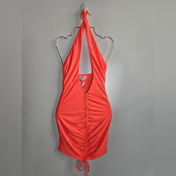 NWT Superdown Ariya Ruched Halter Mini Dress Neon Orange XXS NEW - Picture 4 of 10